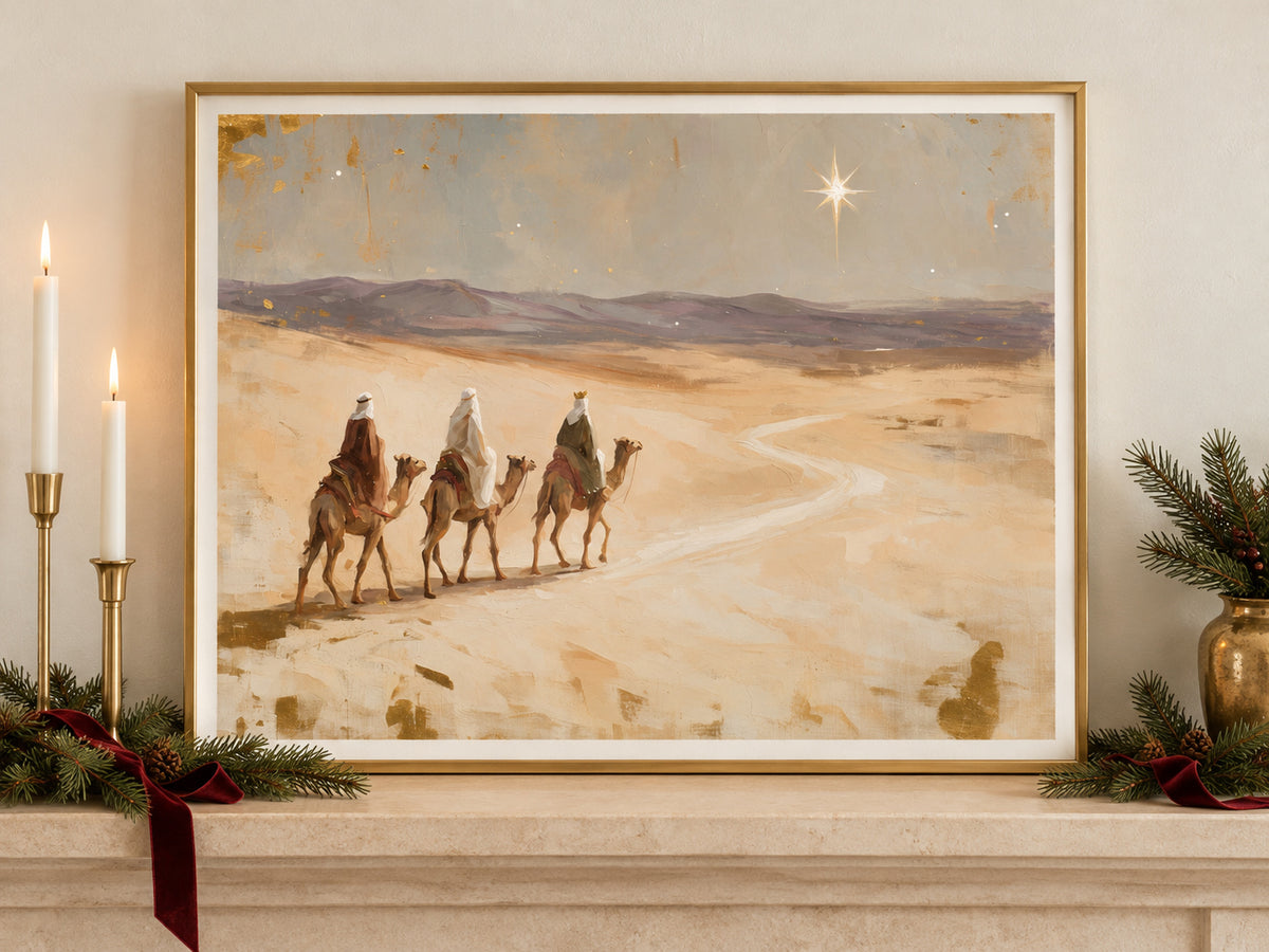 Led by His Star in a gold frame on a Christmas mantel with greenery and velvet ribbon