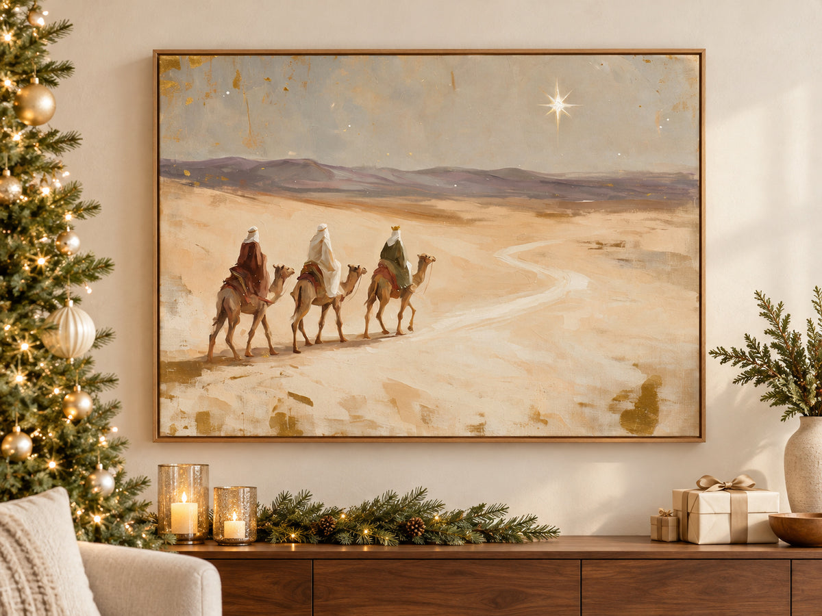 Led by His Star on canvas beside a softly lit Christmas tree in a family room