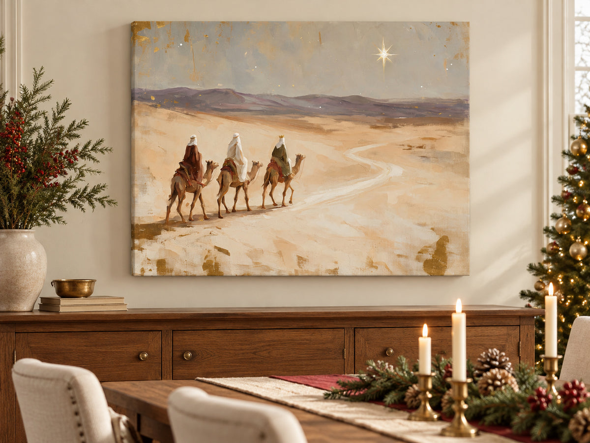 Led by His Star as an unframed canvas in a dining room styled with evergreen and brass for Christmas