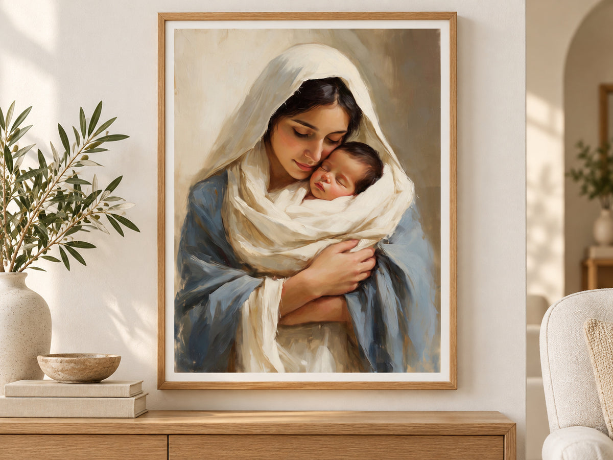 Treasured in Her Heart in a slim oak frame above a console in a sunlit living room