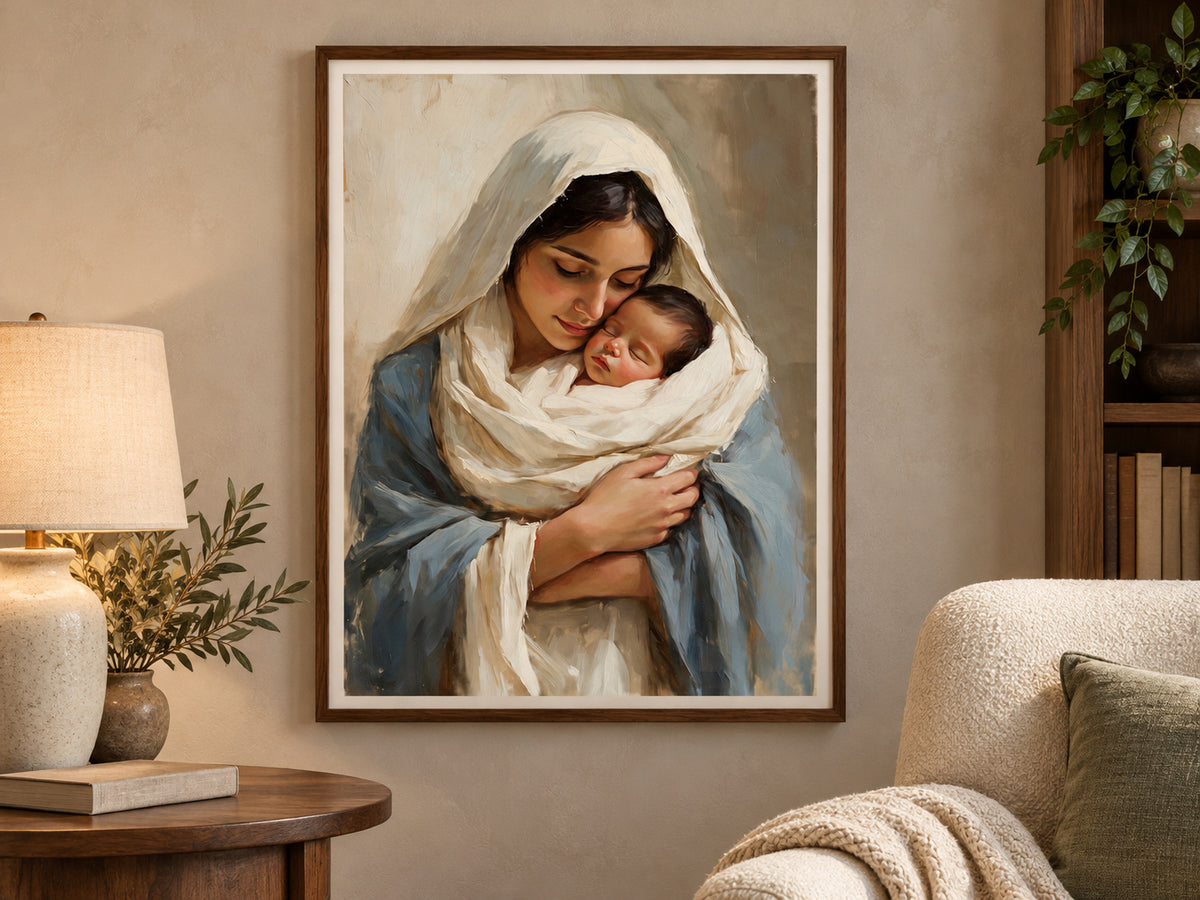 Treasured in Her Heart in a walnut frame beside a cream reading chair