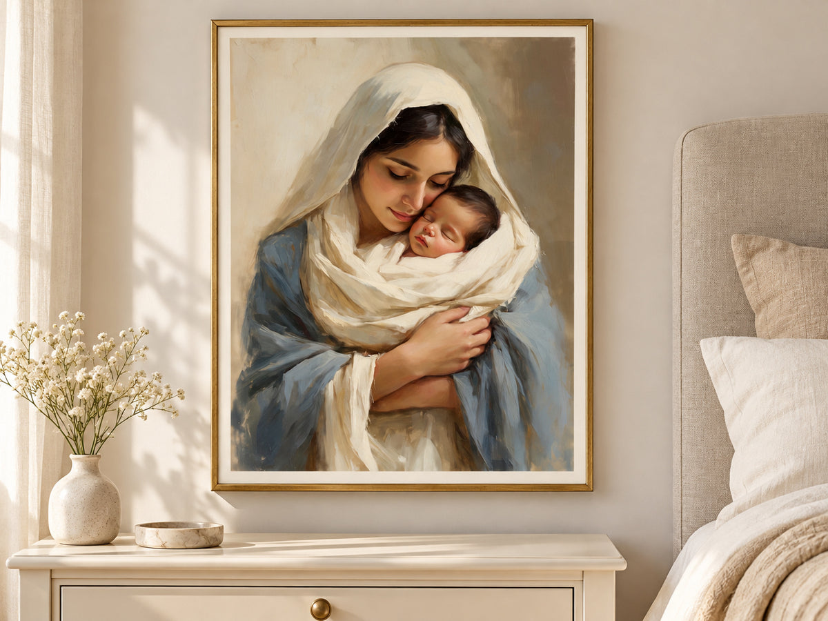 Treasured in Her Heart in a slim gold frame in a quiet neutral bedroom