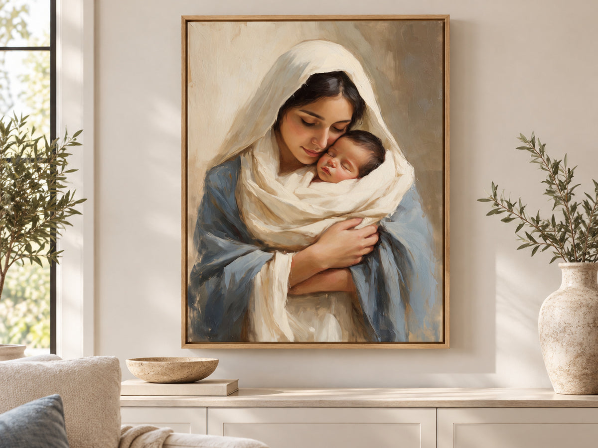Treasured in Her Heart on canvas in an oak floating frame in a neutral family room