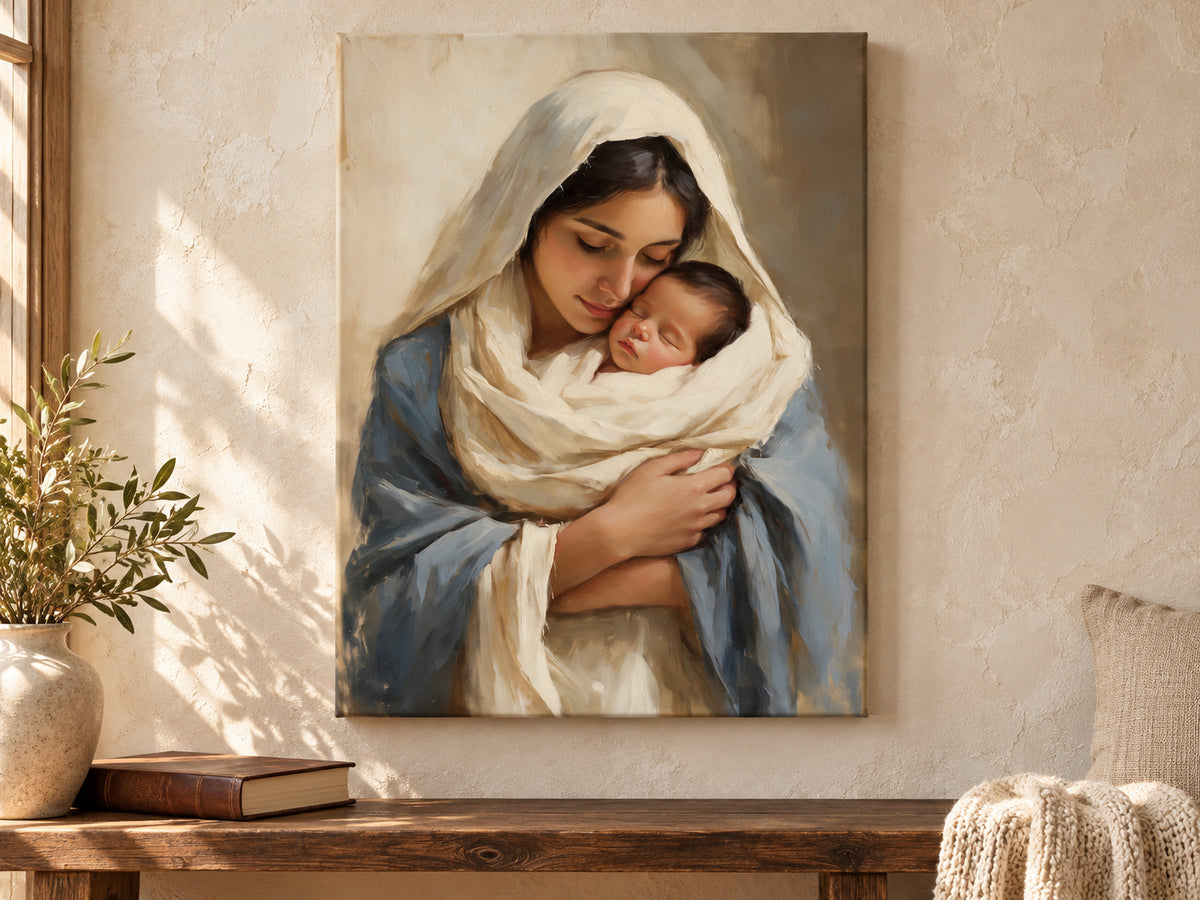 Treasured in Her Heart as an unframed canvas above a walnut bench in a reading corner