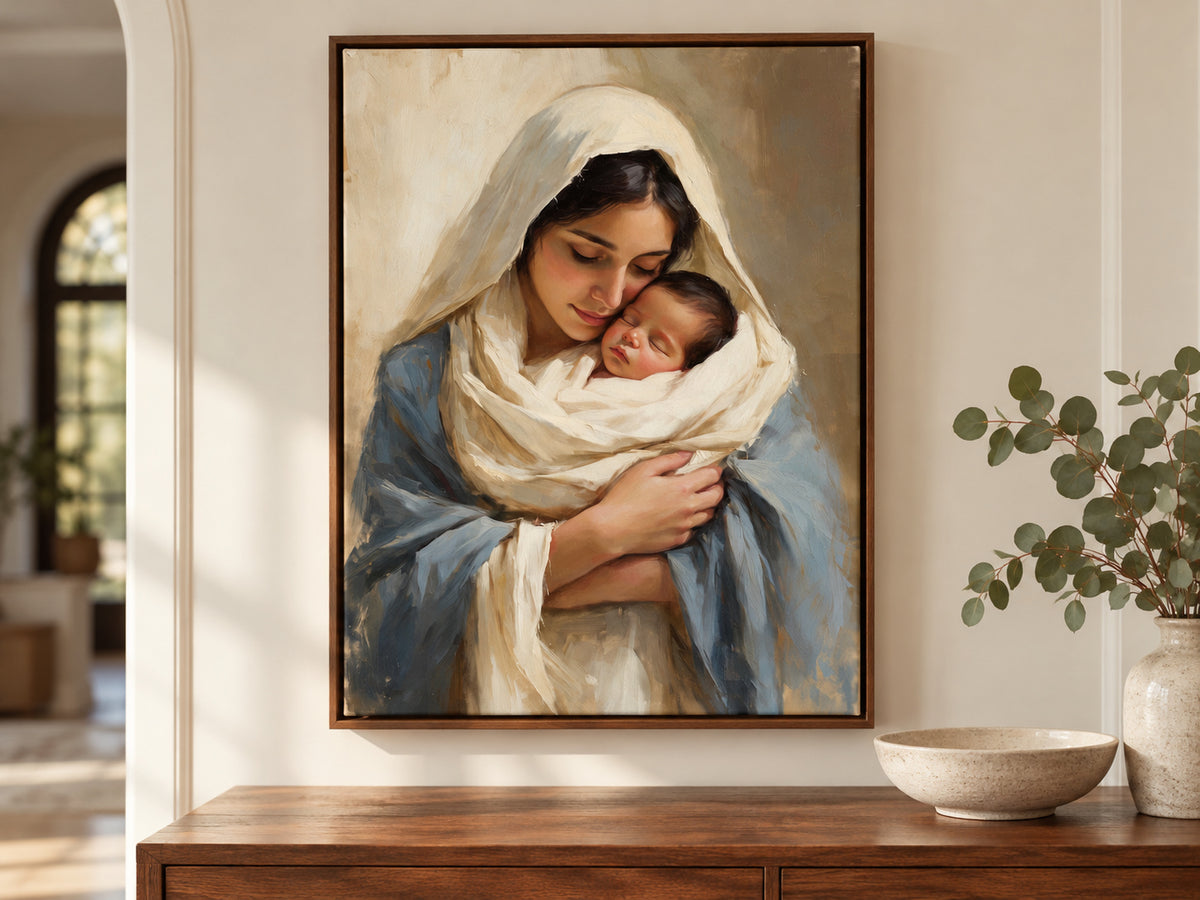 Treasured in Her Heart on canvas in a walnut floating frame above an entry console