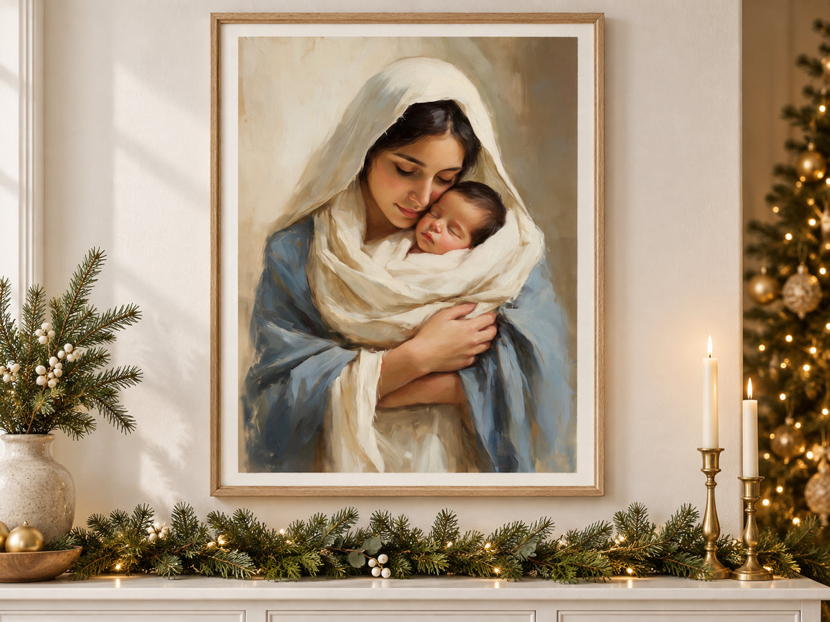 Treasured in Her Heart in an oak frame above a console styled with evergreen and brass for Christmas
