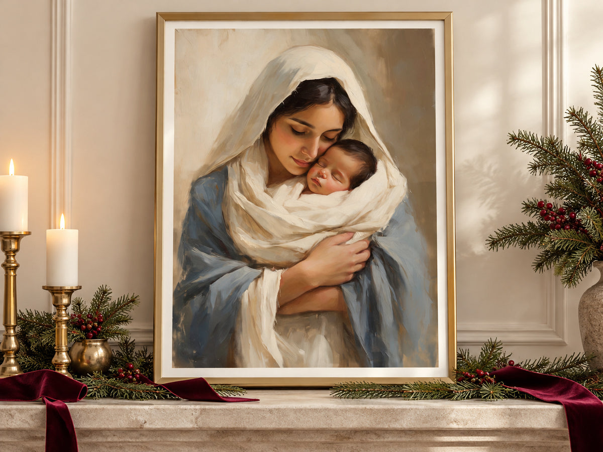 Treasured in Her Heart in a gold frame on a Christmas mantel with greenery and velvet ribbon
