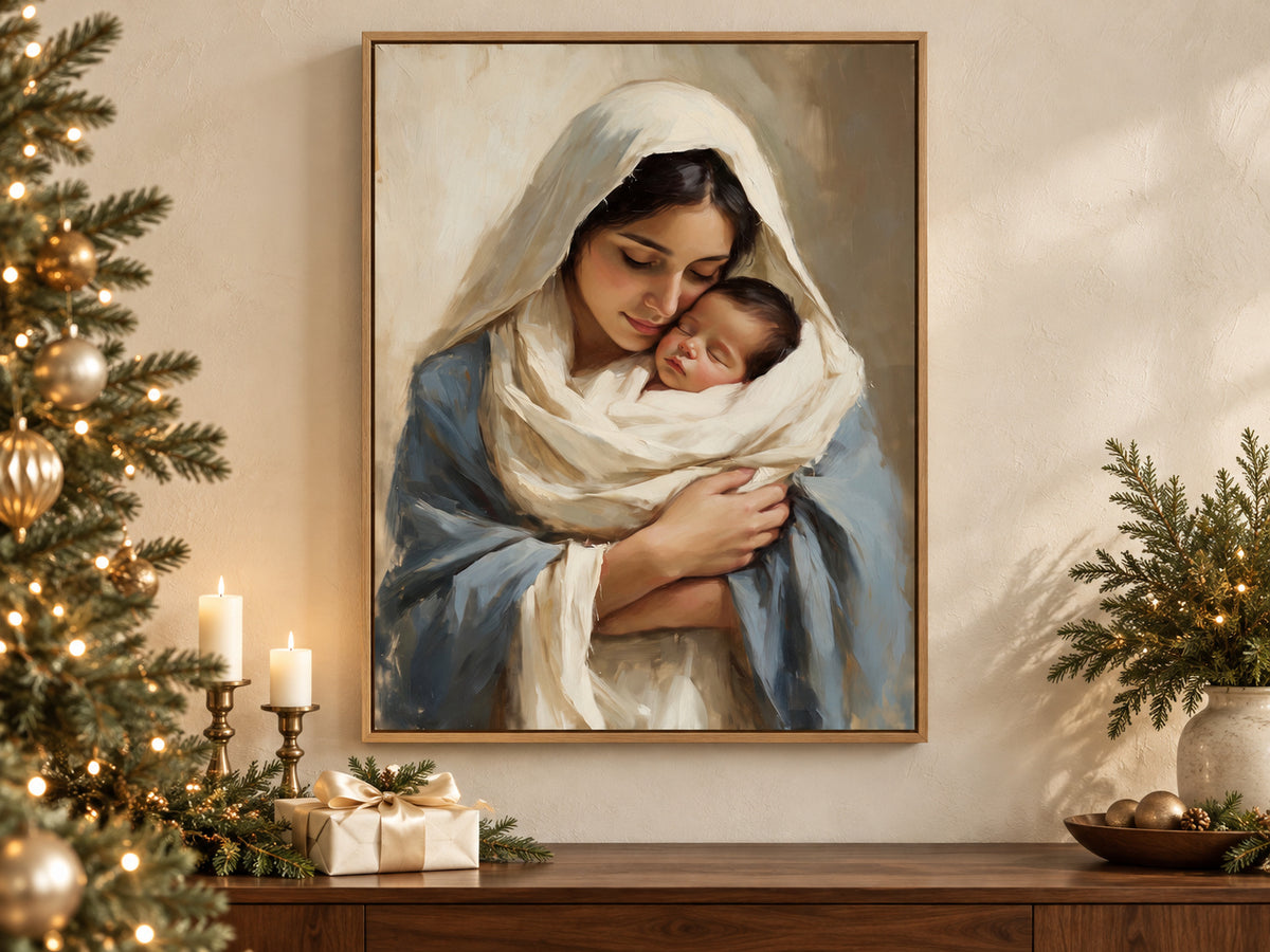 Treasured in Her Heart on canvas beside a softly lit Christmas tree in a family room