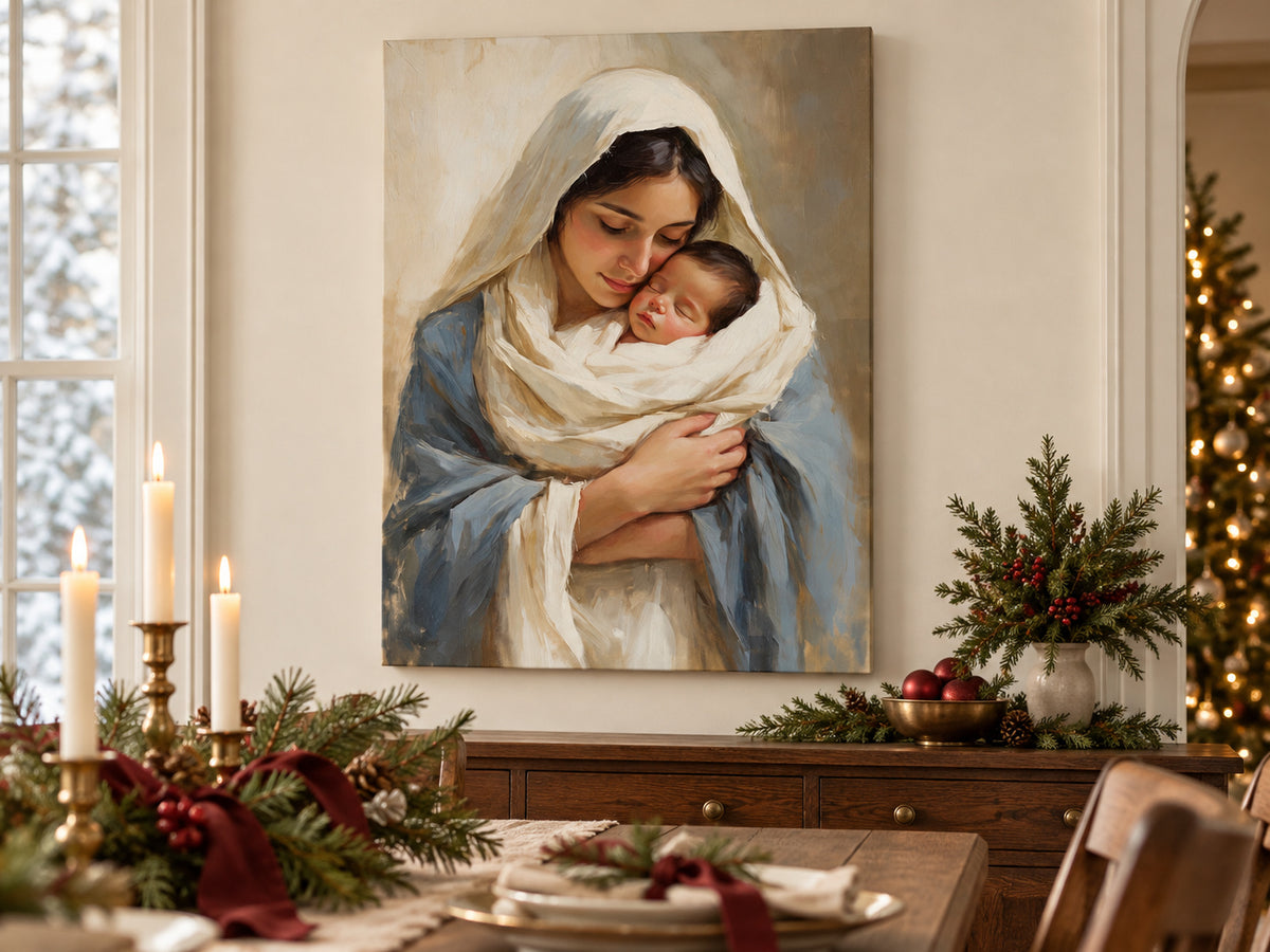 Treasured in Her Heart as an unframed canvas in a dining room styled with evergreen and brass for Christmas