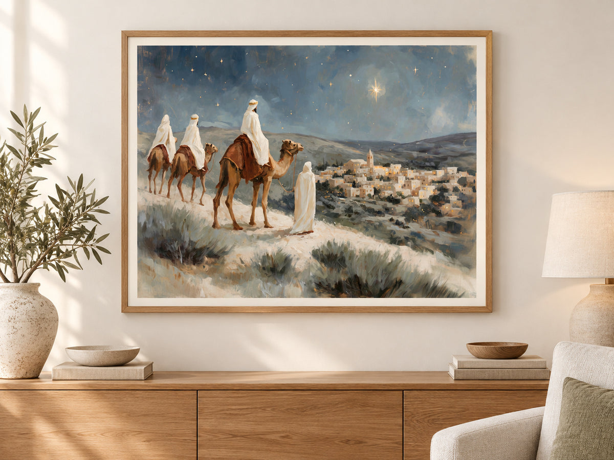 Within Sight of Bethlehem in a slim oak frame above a console in a sunlit living room
