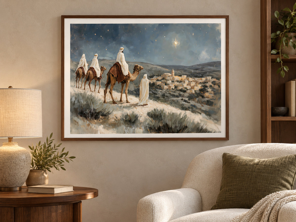 Within Sight of Bethlehem in a walnut frame beside a cream reading chair