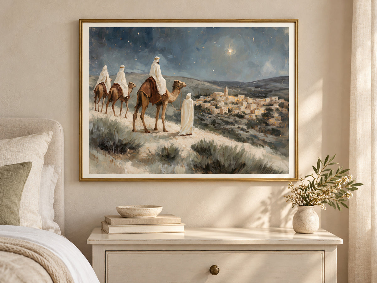 Within Sight of Bethlehem in a slim gold frame in a quiet neutral bedroom