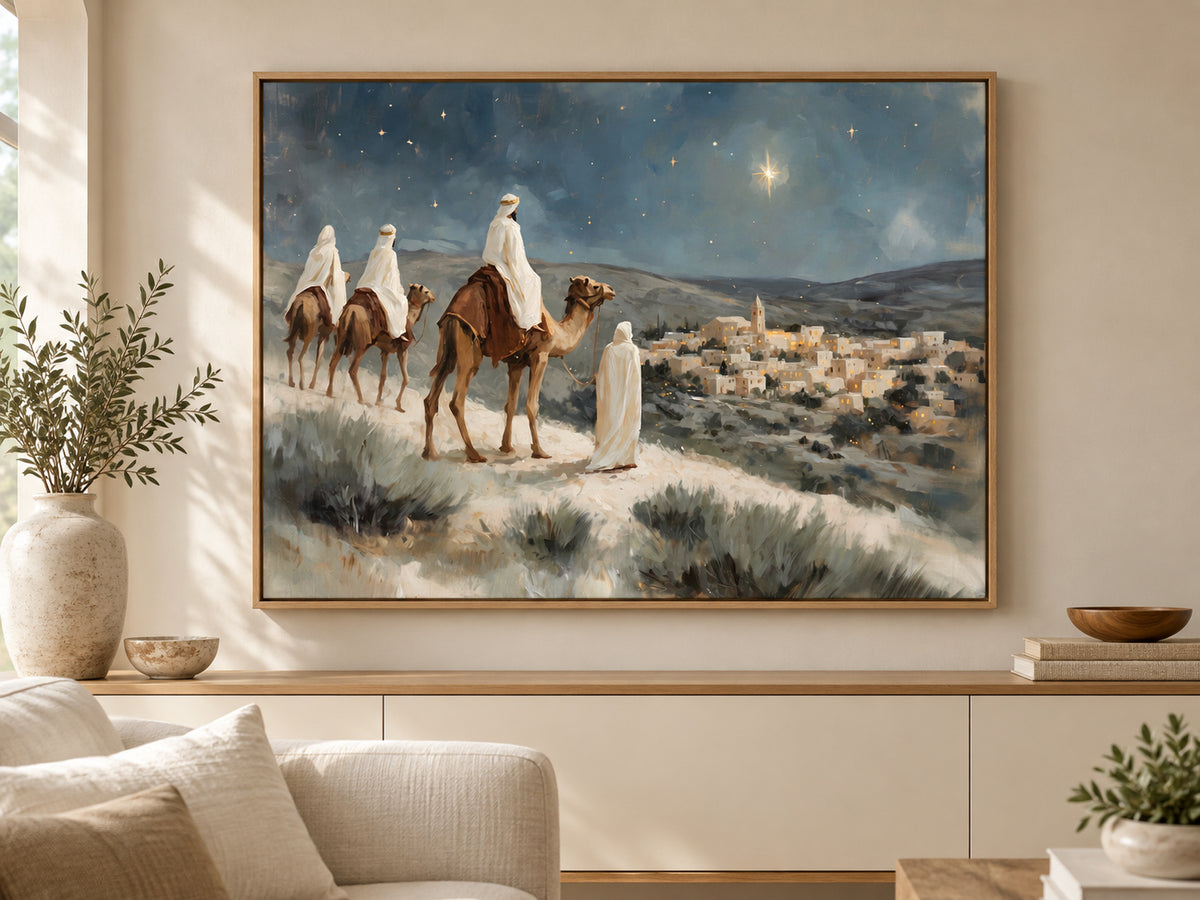 Within Sight of Bethlehem on canvas in an oak floating frame in a neutral family room