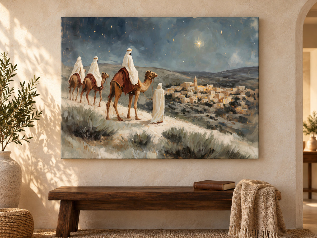 Within Sight of Bethlehem as an unframed canvas above a walnut bench in a reading corner