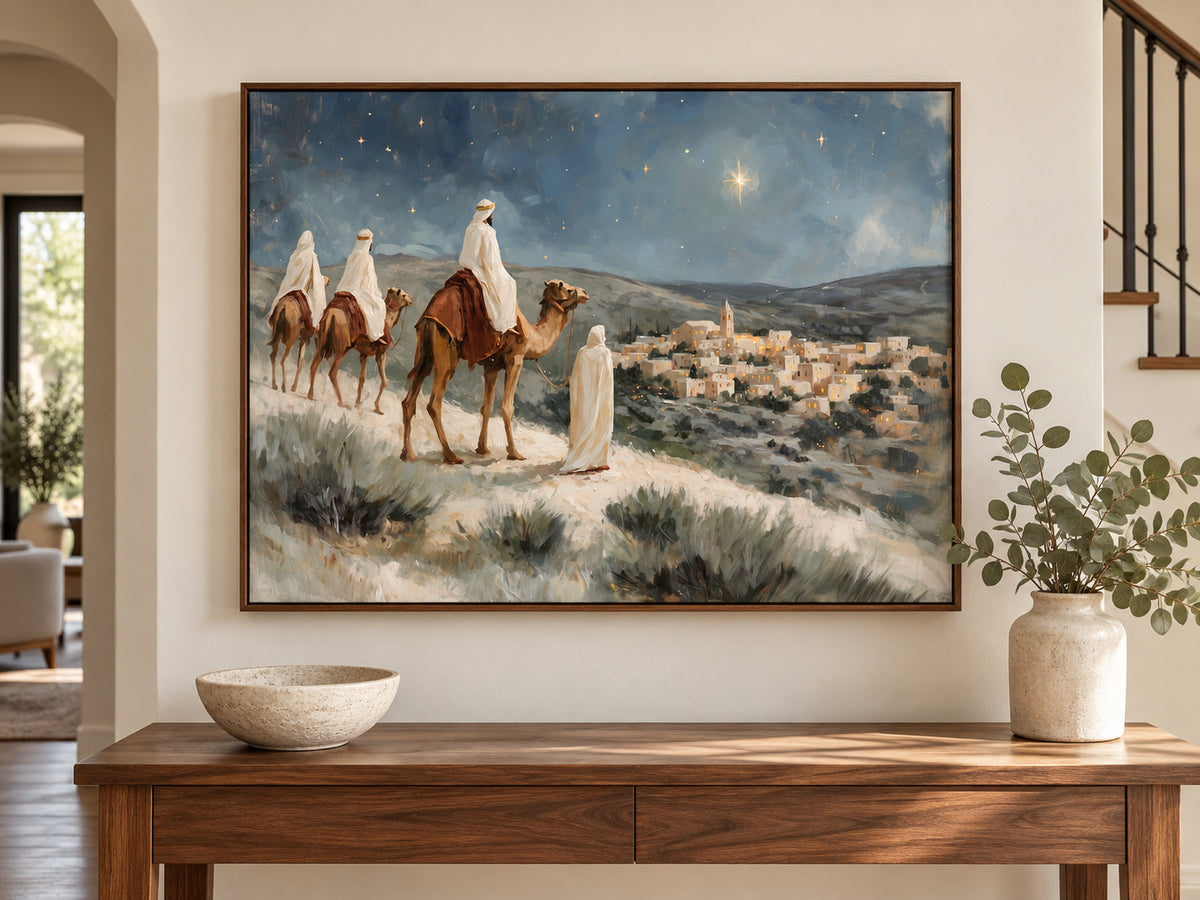 Within Sight of Bethlehem on canvas in a walnut floating frame above an entry console