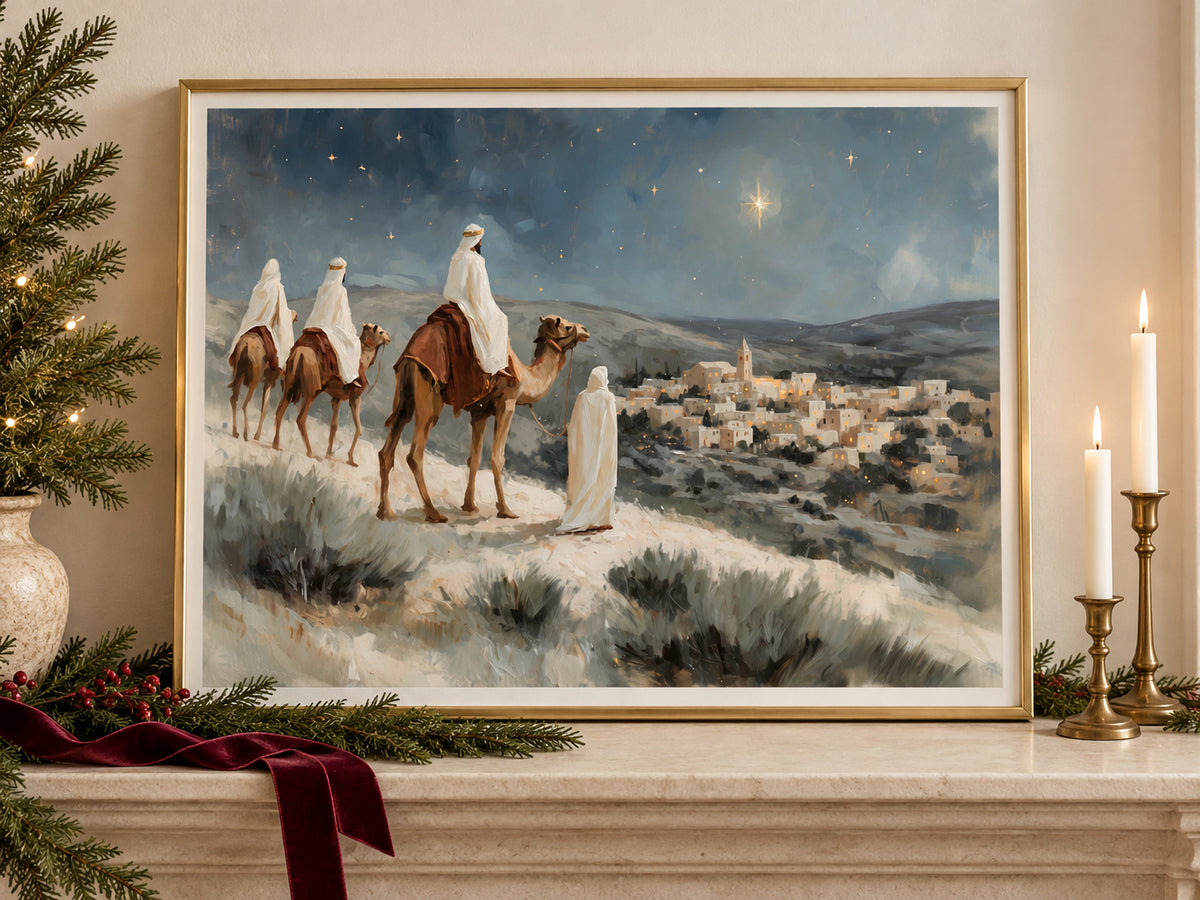 Within Sight of Bethlehem in a gold frame on a Christmas mantel with greenery and velvet ribbon