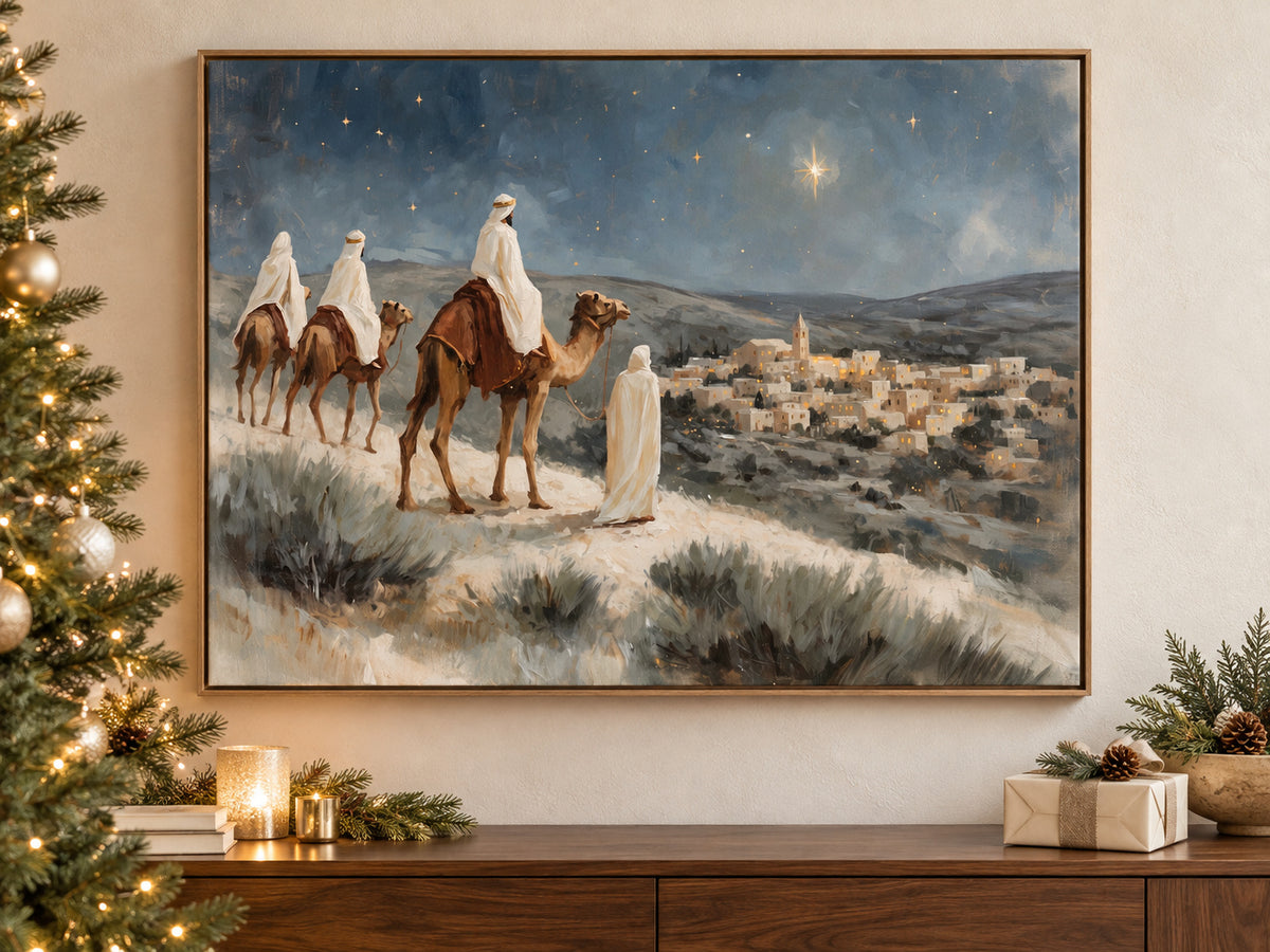 Within Sight of Bethlehem on canvas beside a softly lit Christmas tree in a family room