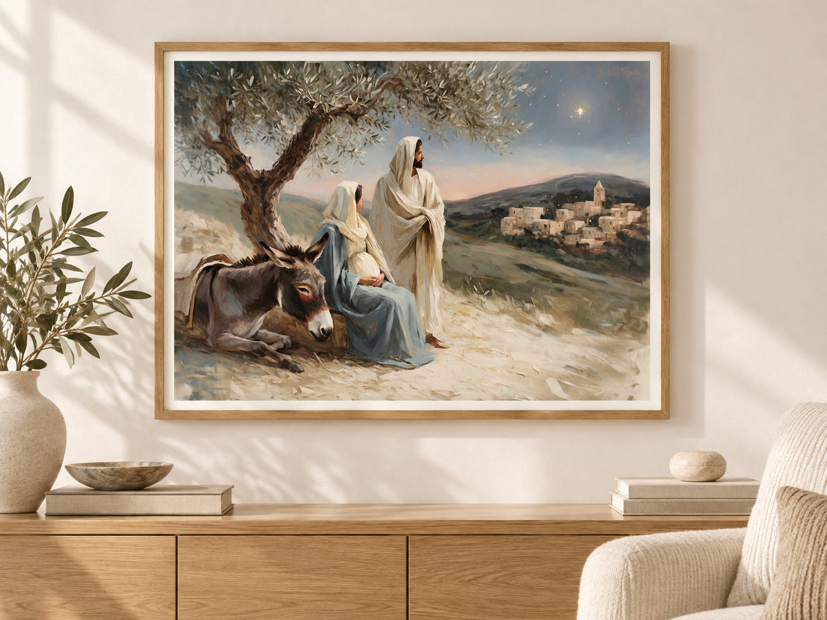 A Promise Near at Hand in a slim oak frame above a console in a sunlit living room