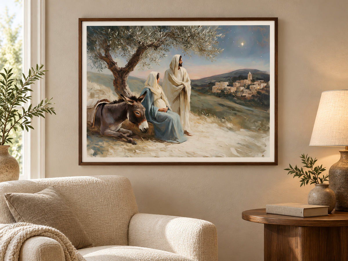 A Promise Near at Hand in a walnut frame beside a cream reading chair