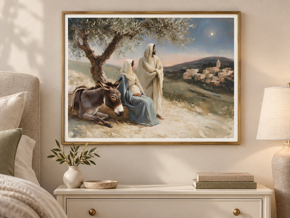 A Promise Near at Hand in a slim gold frame in a quiet neutral bedroom
