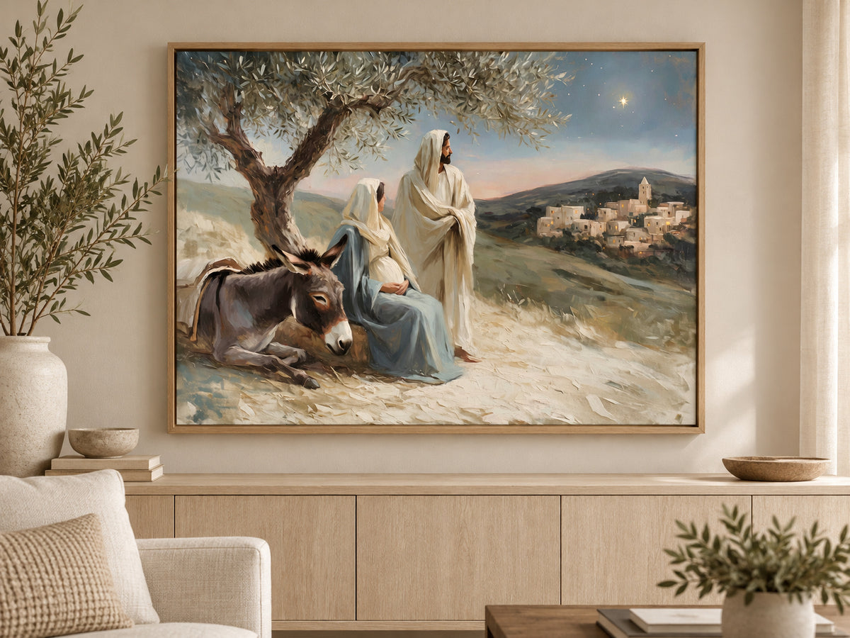 A Promise Near at Hand on canvas in an oak floating frame in a neutral family room