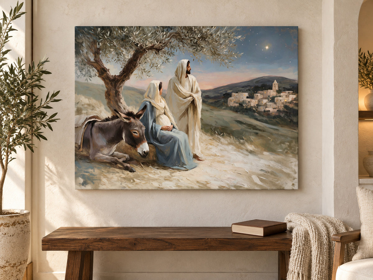 A Promise Near at Hand as an unframed canvas above a walnut bench in a reading corner