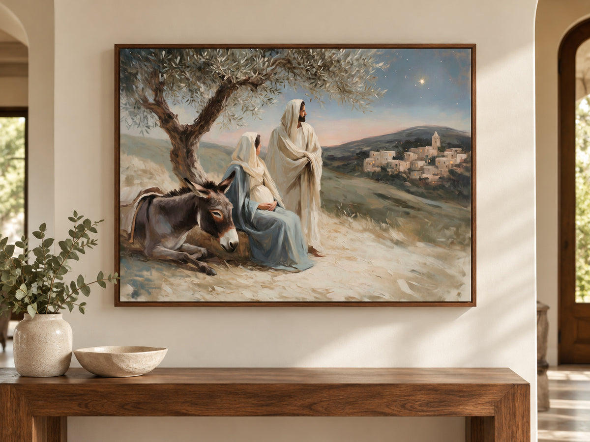 A Promise Near at Hand on canvas in a walnut floating frame above an entry console