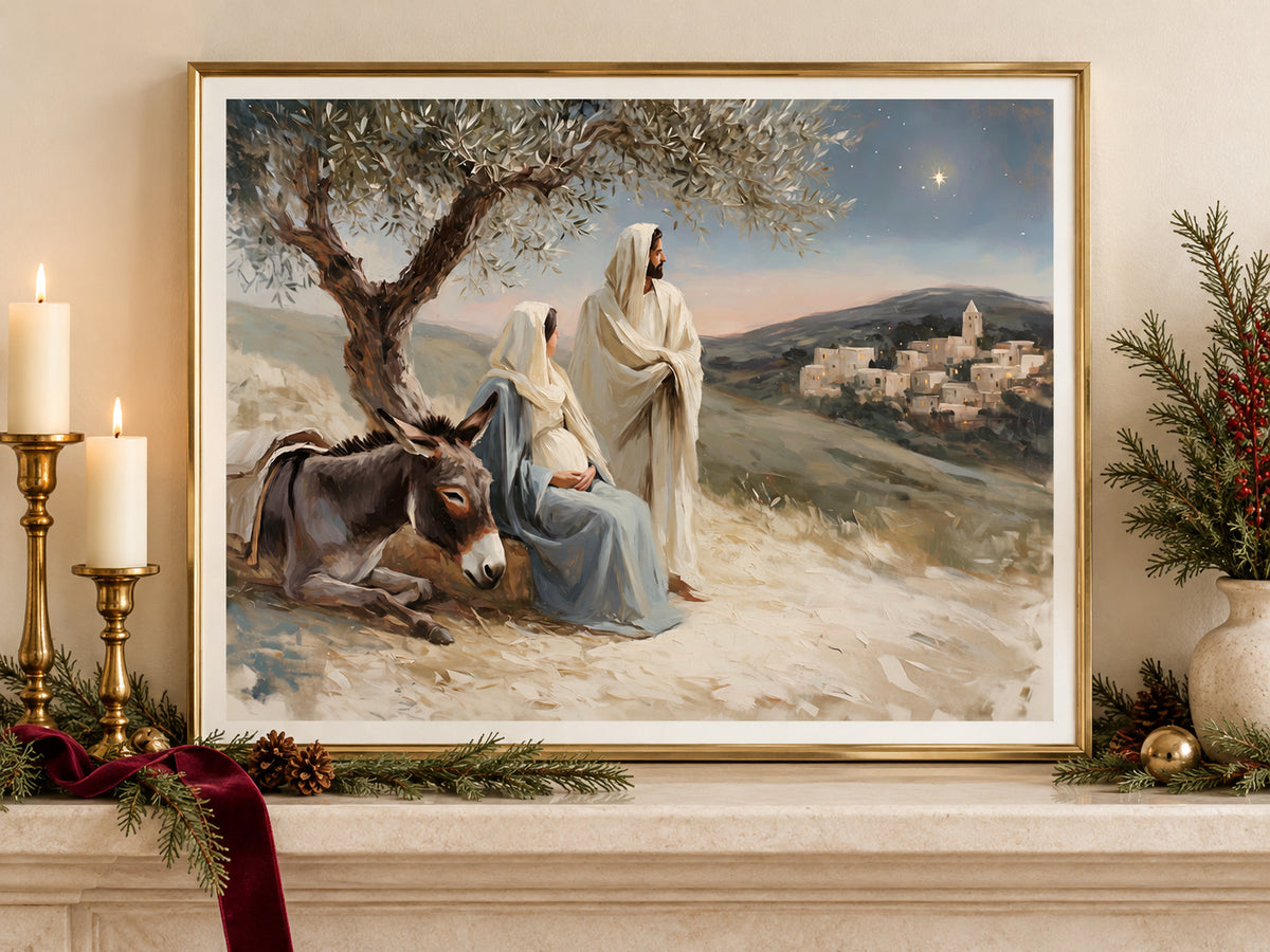 A Promise Near at Hand in a gold frame on a Christmas mantel with greenery and velvet ribbon