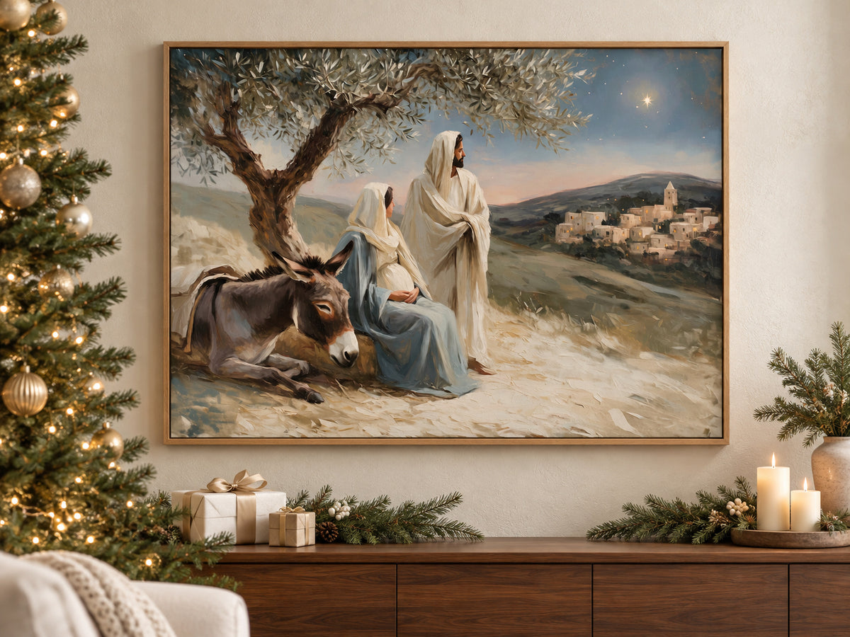A Promise Near at Hand on canvas beside a softly lit Christmas tree in a family room