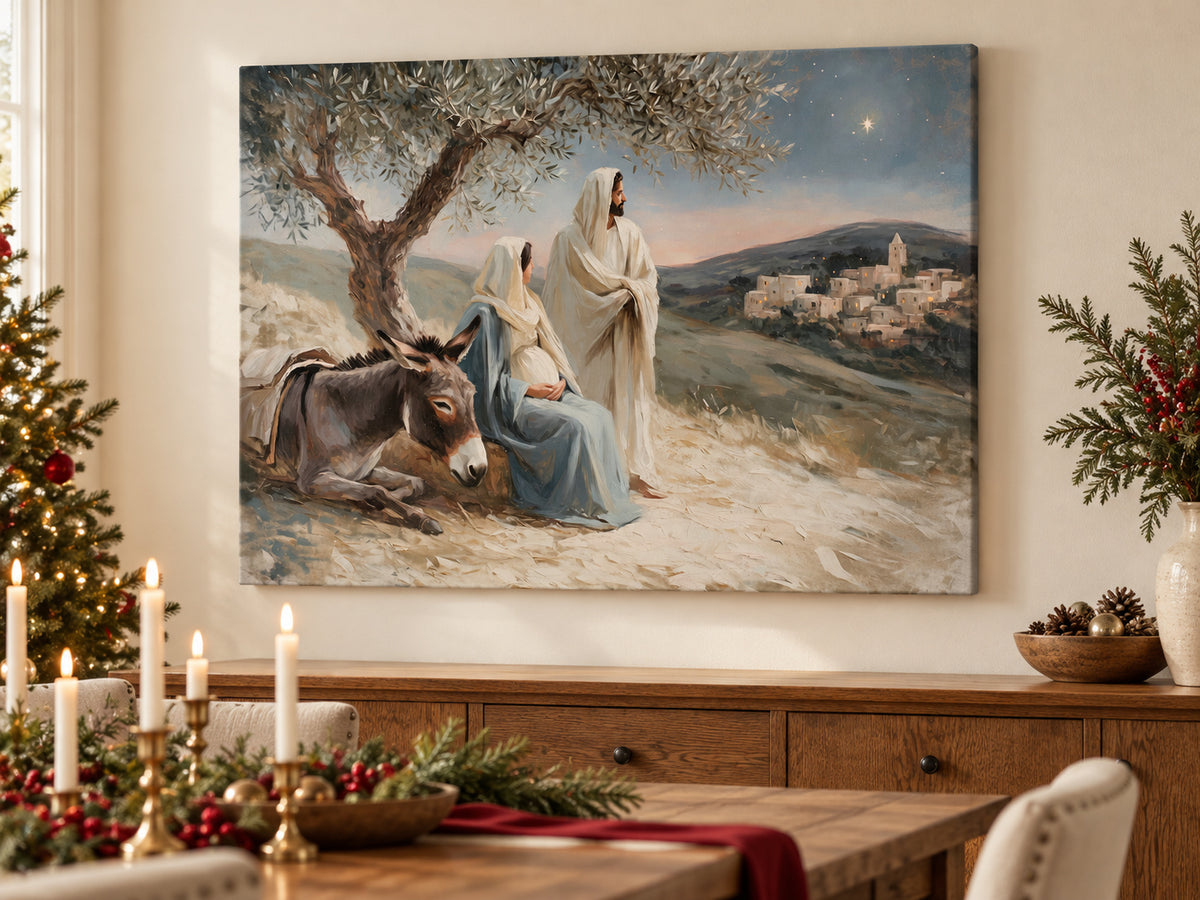 A Promise Near at Hand as an unframed canvas in a dining room styled with evergreen and brass for Christmas