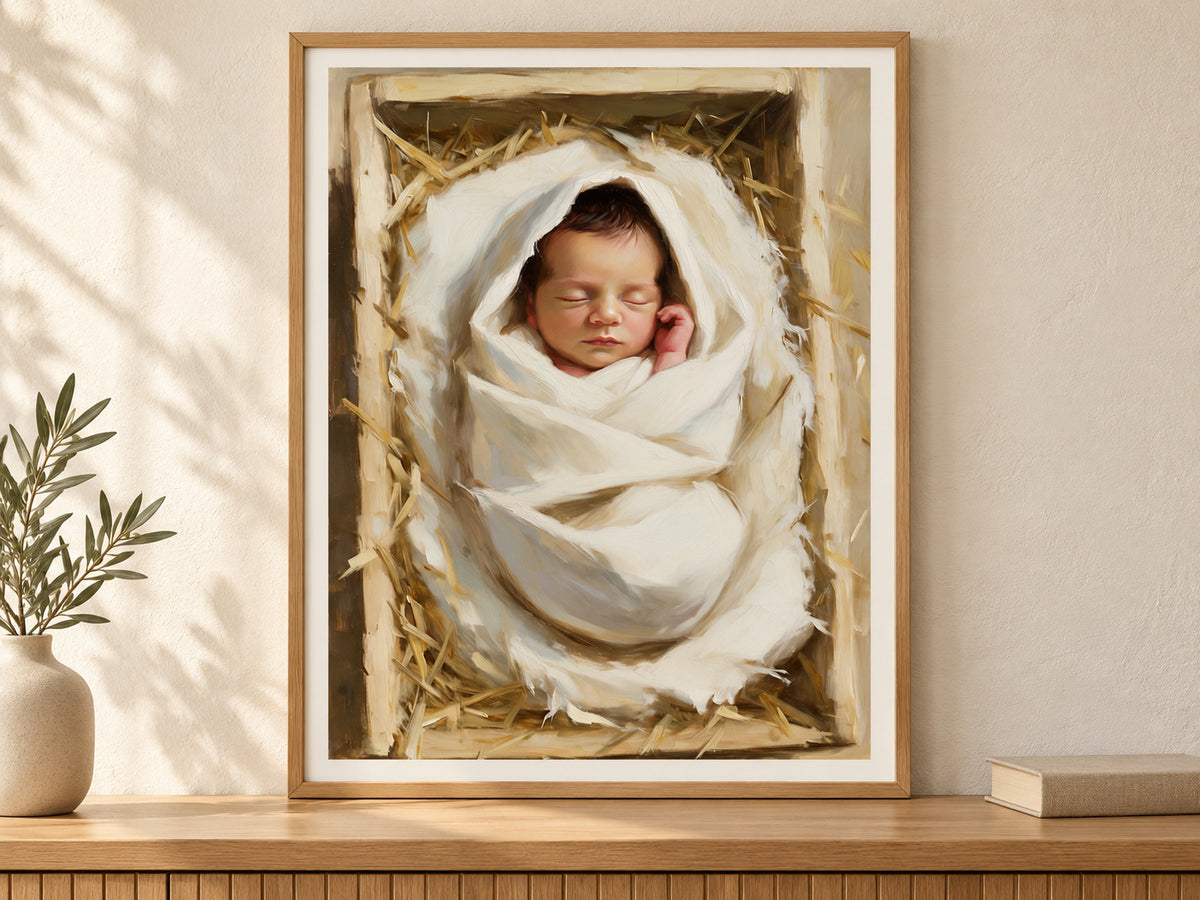 Wrapped in Wonder vertical fine art paper print in an oak frame above a living room console.