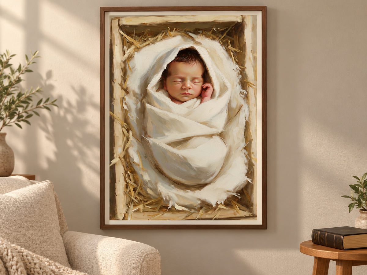 Wrapped in Wonder vertical paper print in a walnut frame beside a linen reading chair.