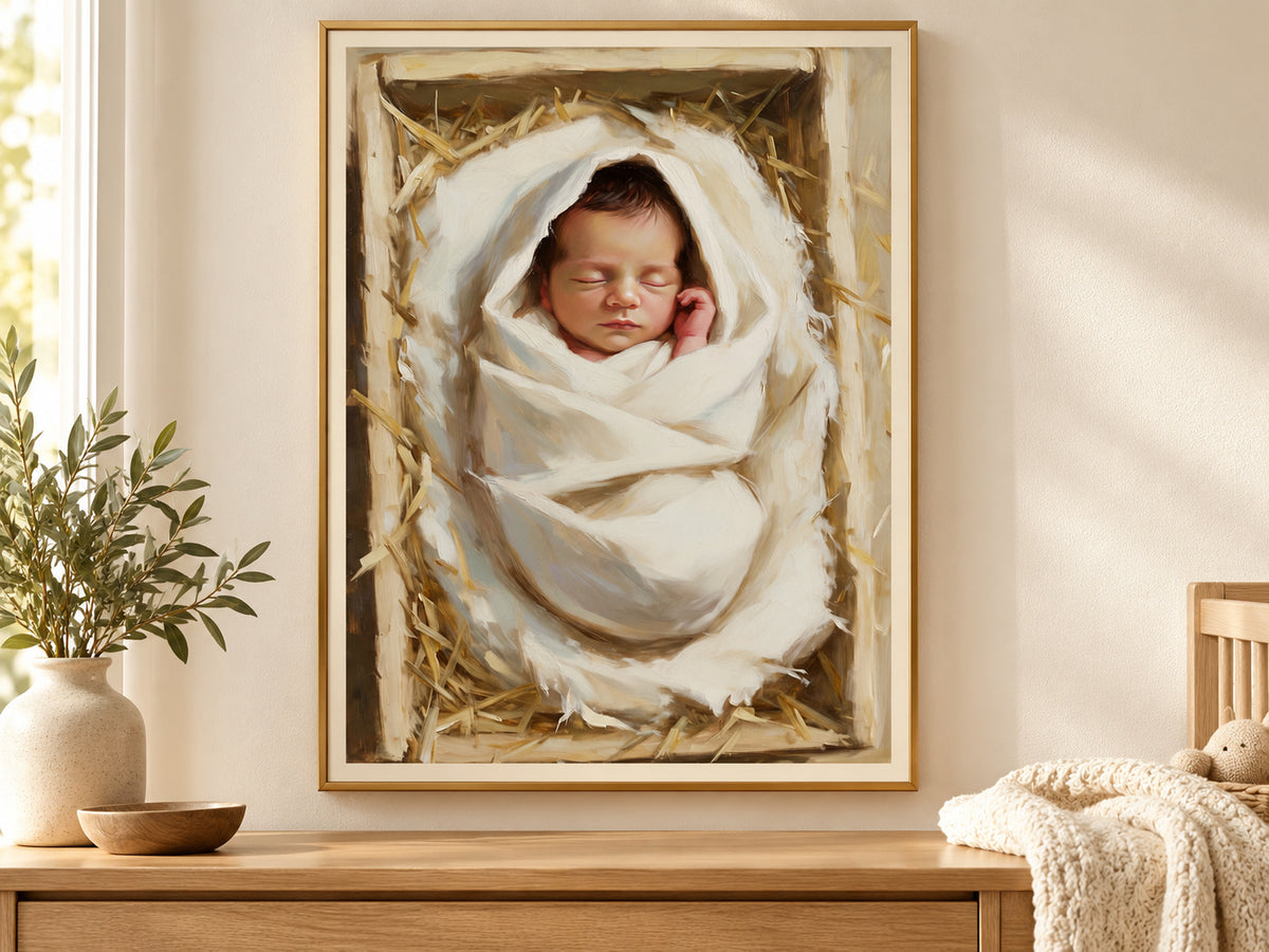 Wrapped in Wonder vertical paper print in a gold frame on a quiet nursery wall.