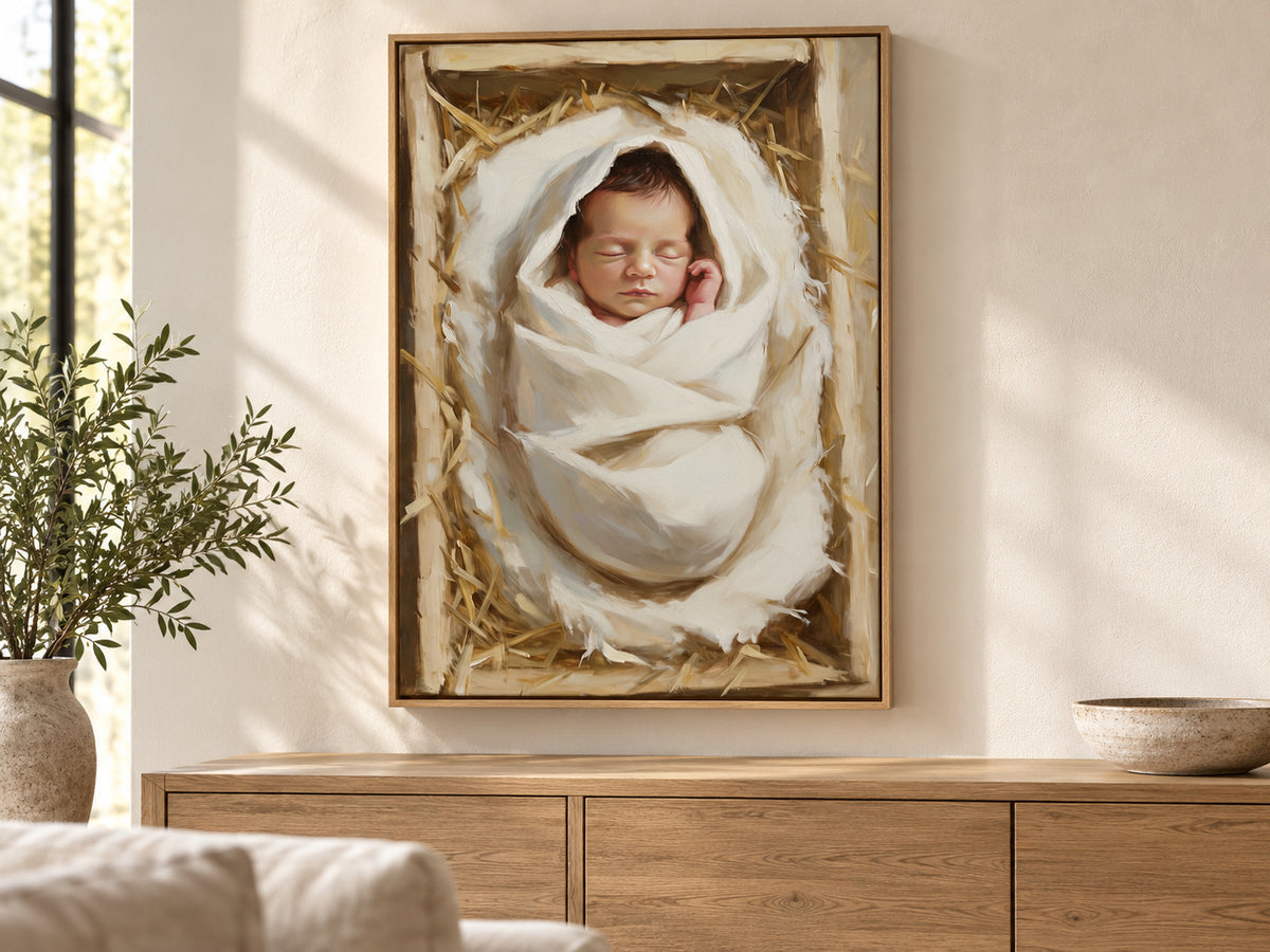 Wrapped in Wonder vertical canvas artwork in a natural oak floating frame above a console.