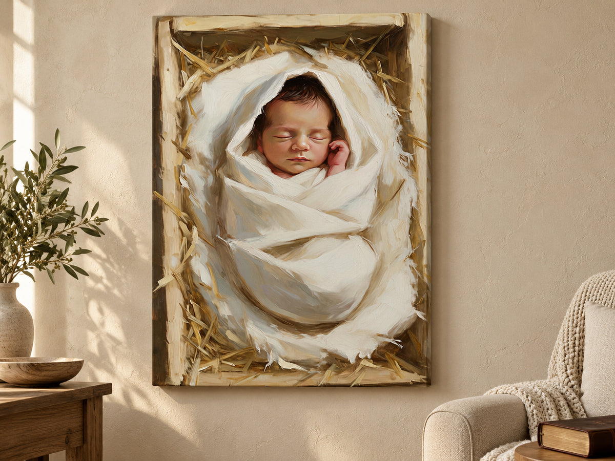 Wrapped in Wonder vertical canvas artwork displayed in unframed prayer space.