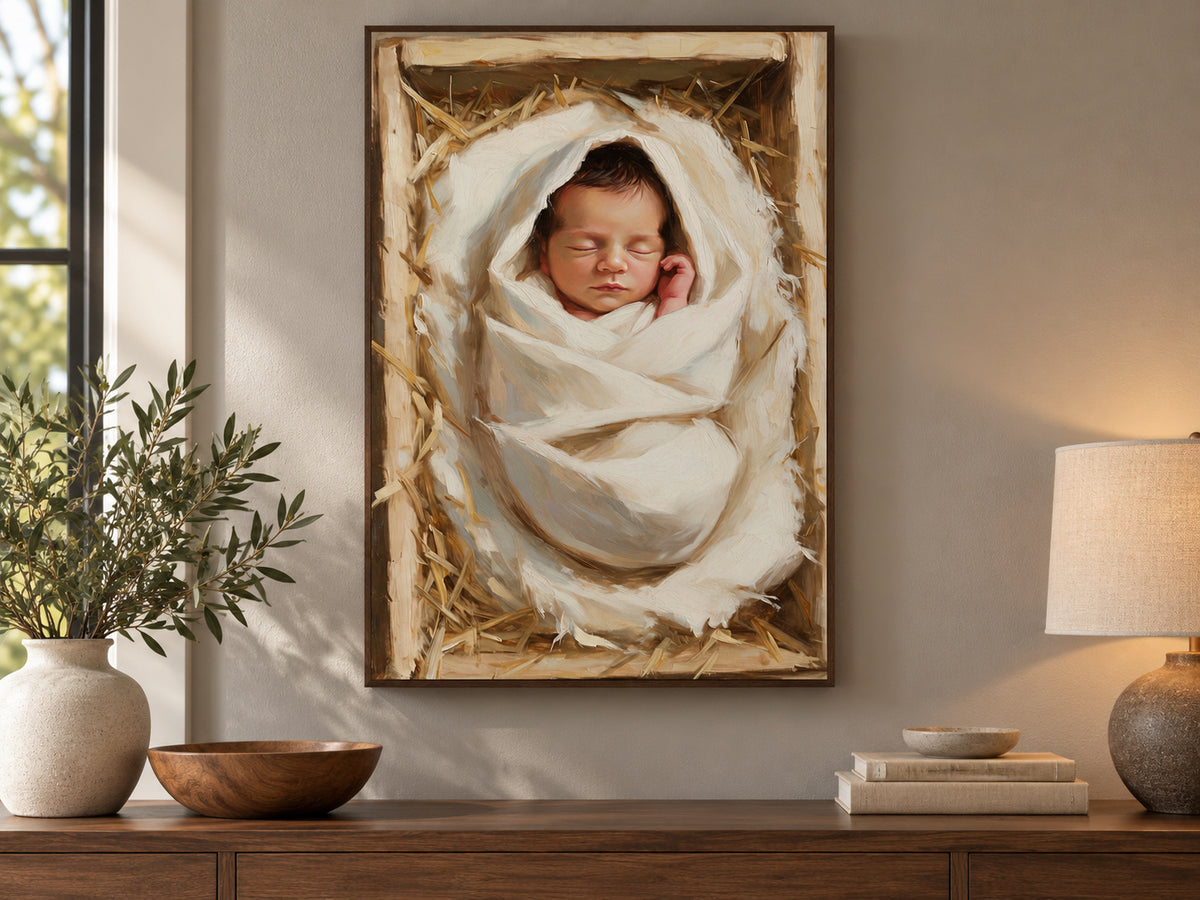 Wrapped in Wonder vertical canvas artwork displayed in walnut entryway.