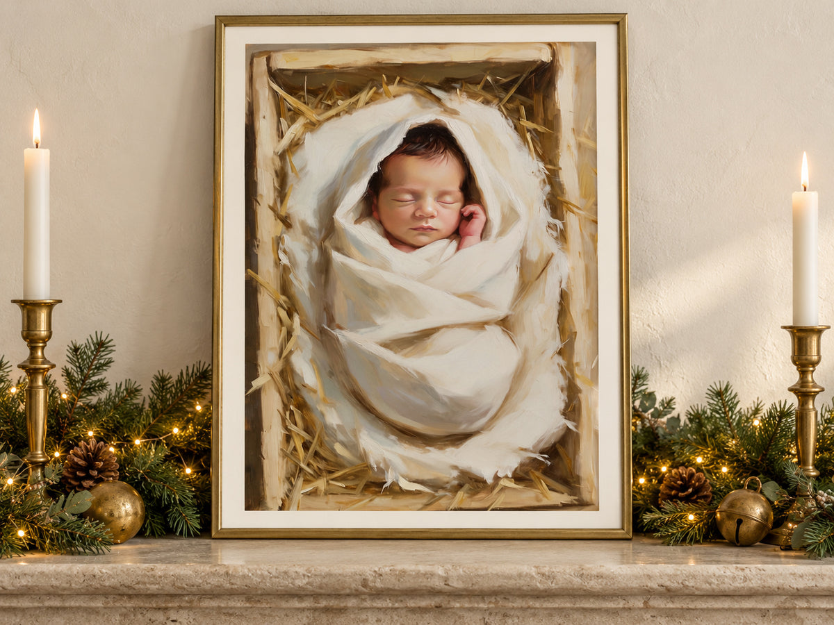 Wrapped in Wonder vertical fine art paper print displayed in Christmas paper mantel.