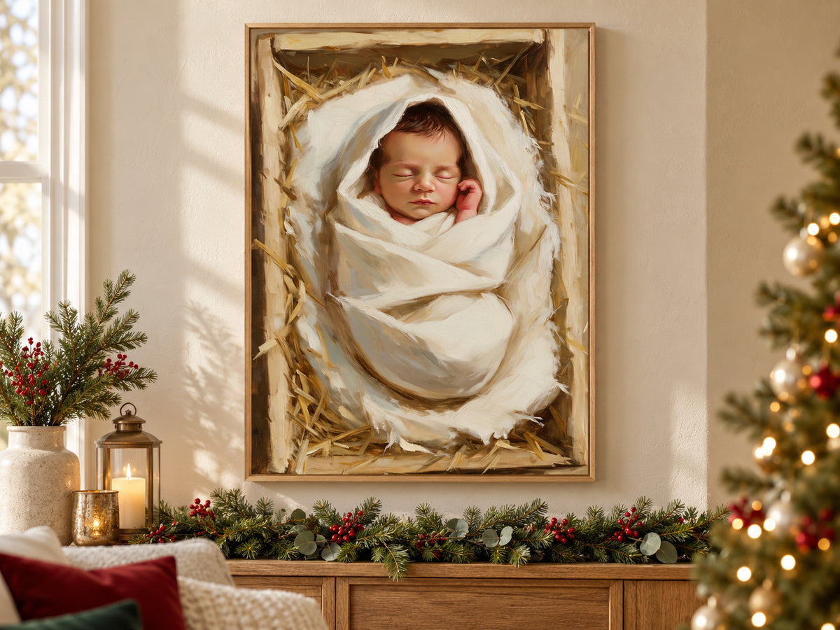 Wrapped in Wonder vertical canvas artwork displayed in Christmas canvas living room.