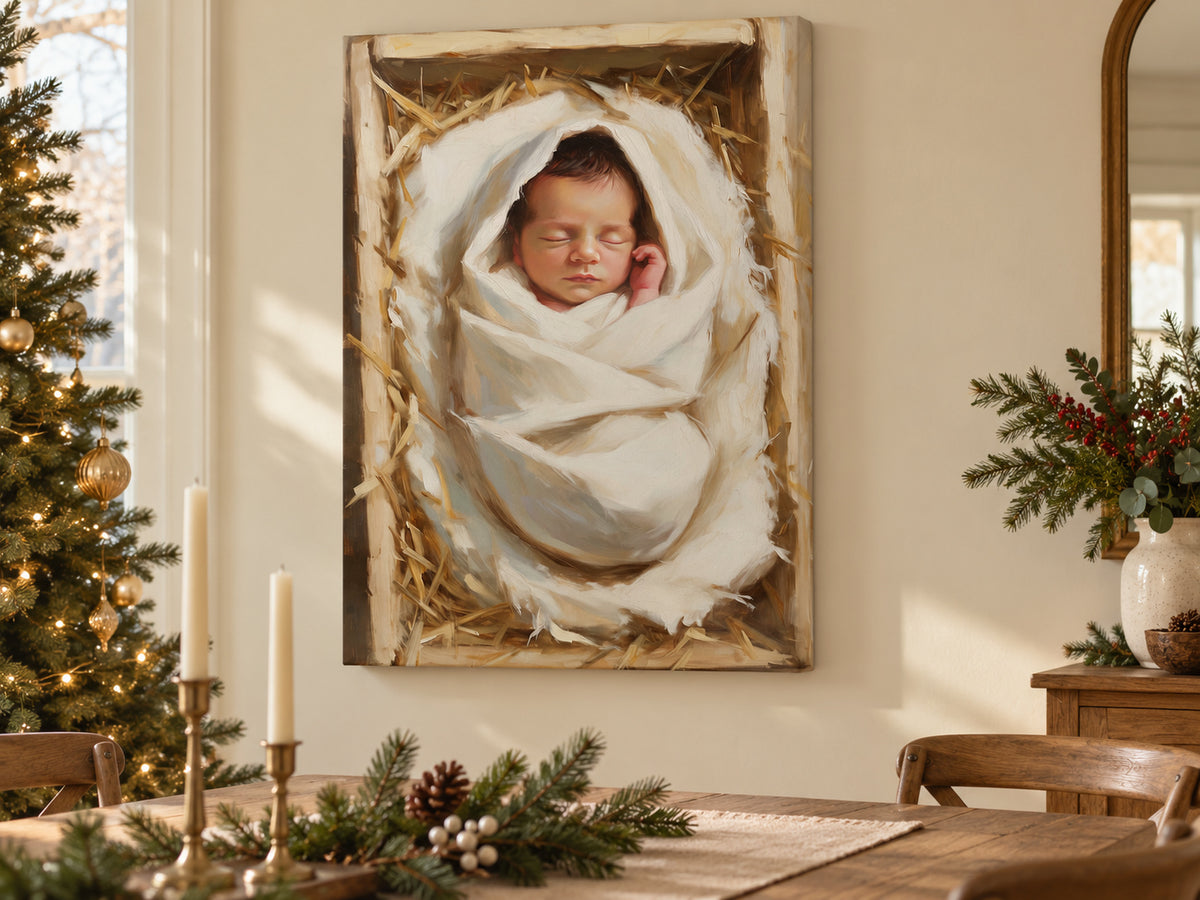 Wrapped in Wonder vertical canvas artwork displayed in Christmas canvas dining room.