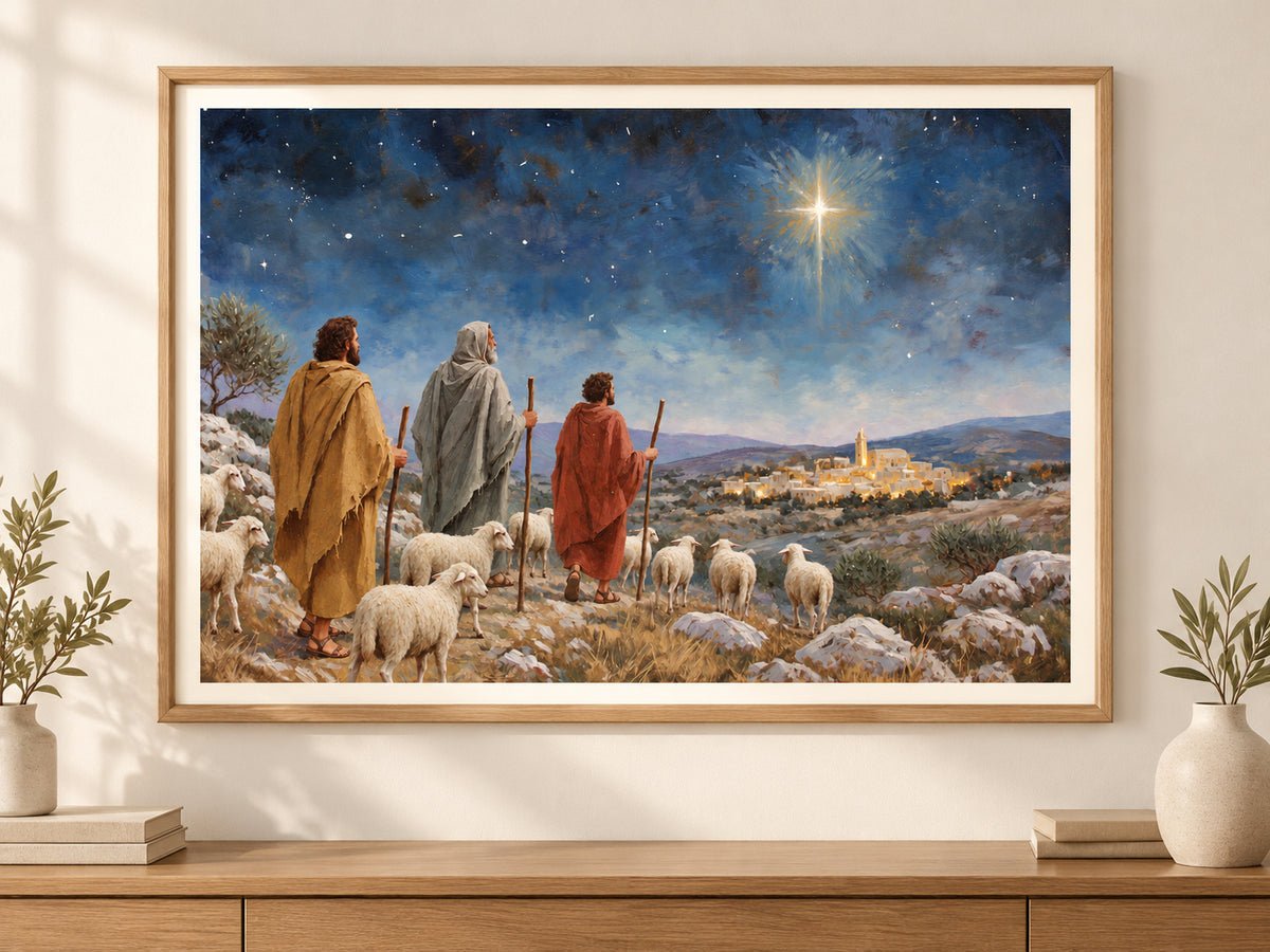 Let Us Go to Bethlehem #2 horizontal fine art paper print displayed in oak living room.