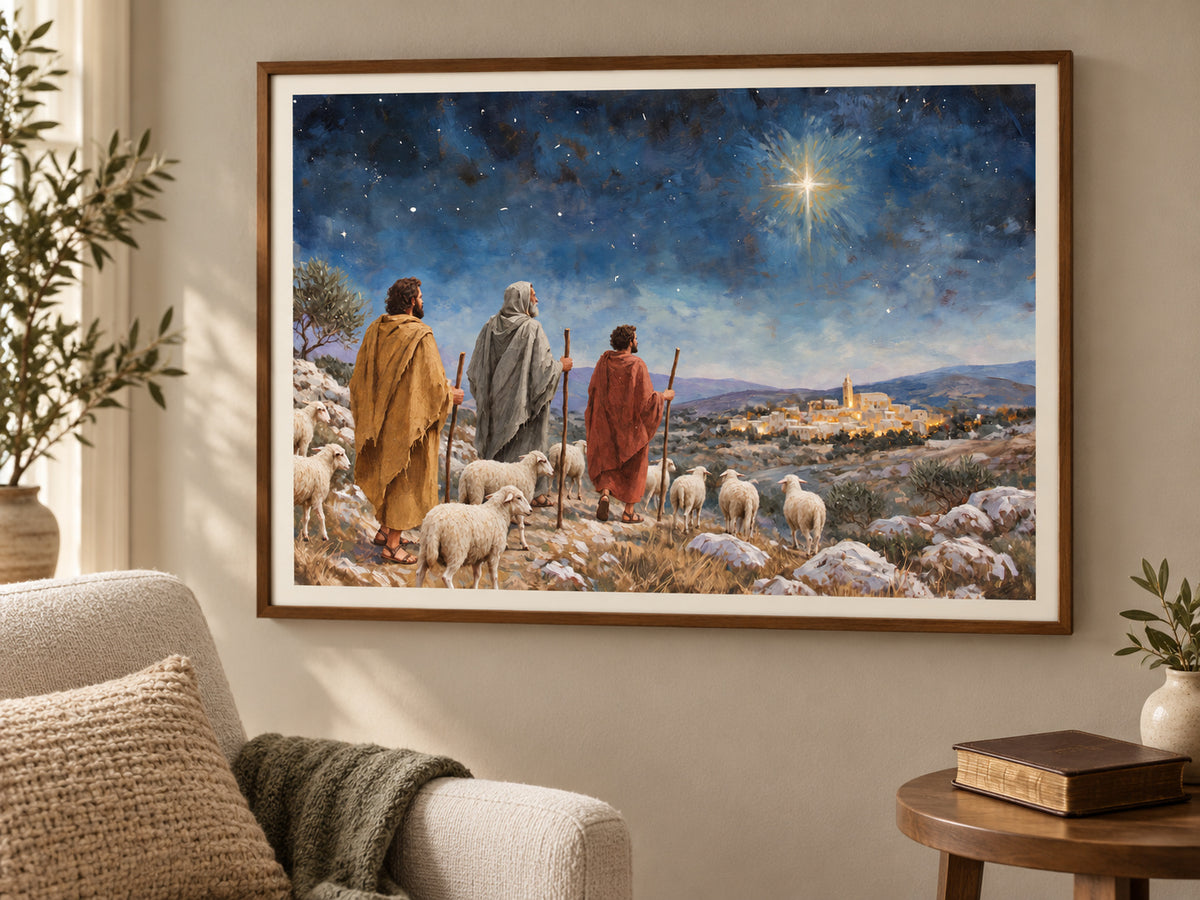 Let Us Go to Bethlehem #2 horizontal fine art paper print displayed in walnut reading nook.