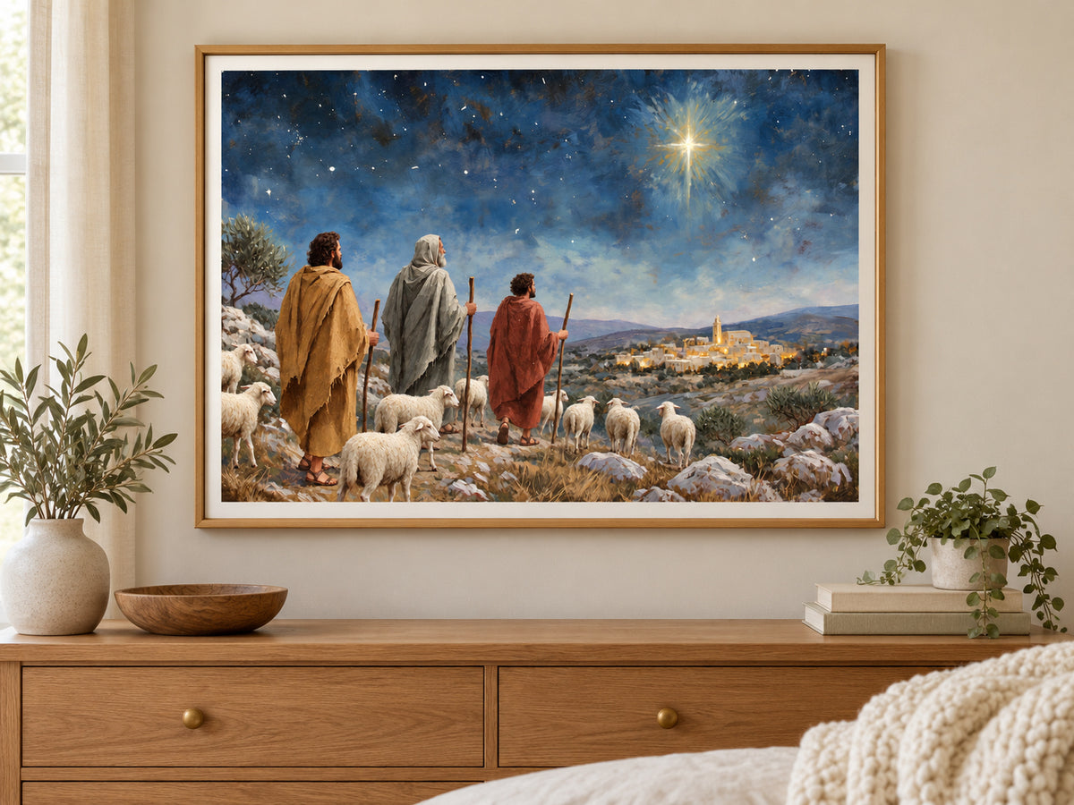Let Us Go to Bethlehem #2 horizontal fine art paper print displayed in gold bedroom.