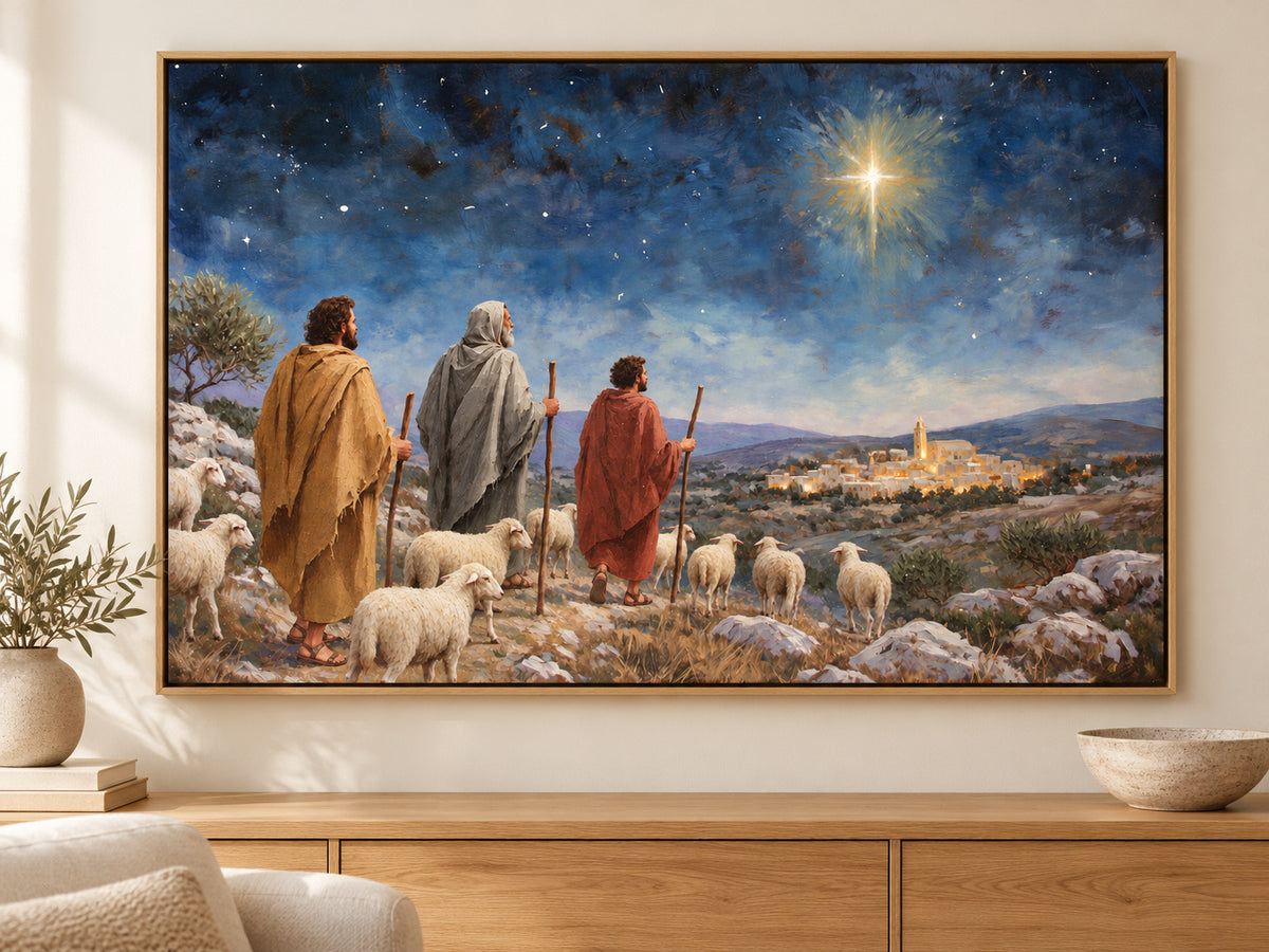 Let Us Go to Bethlehem #2 horizontal canvas artwork displayed in oak floating frame.
