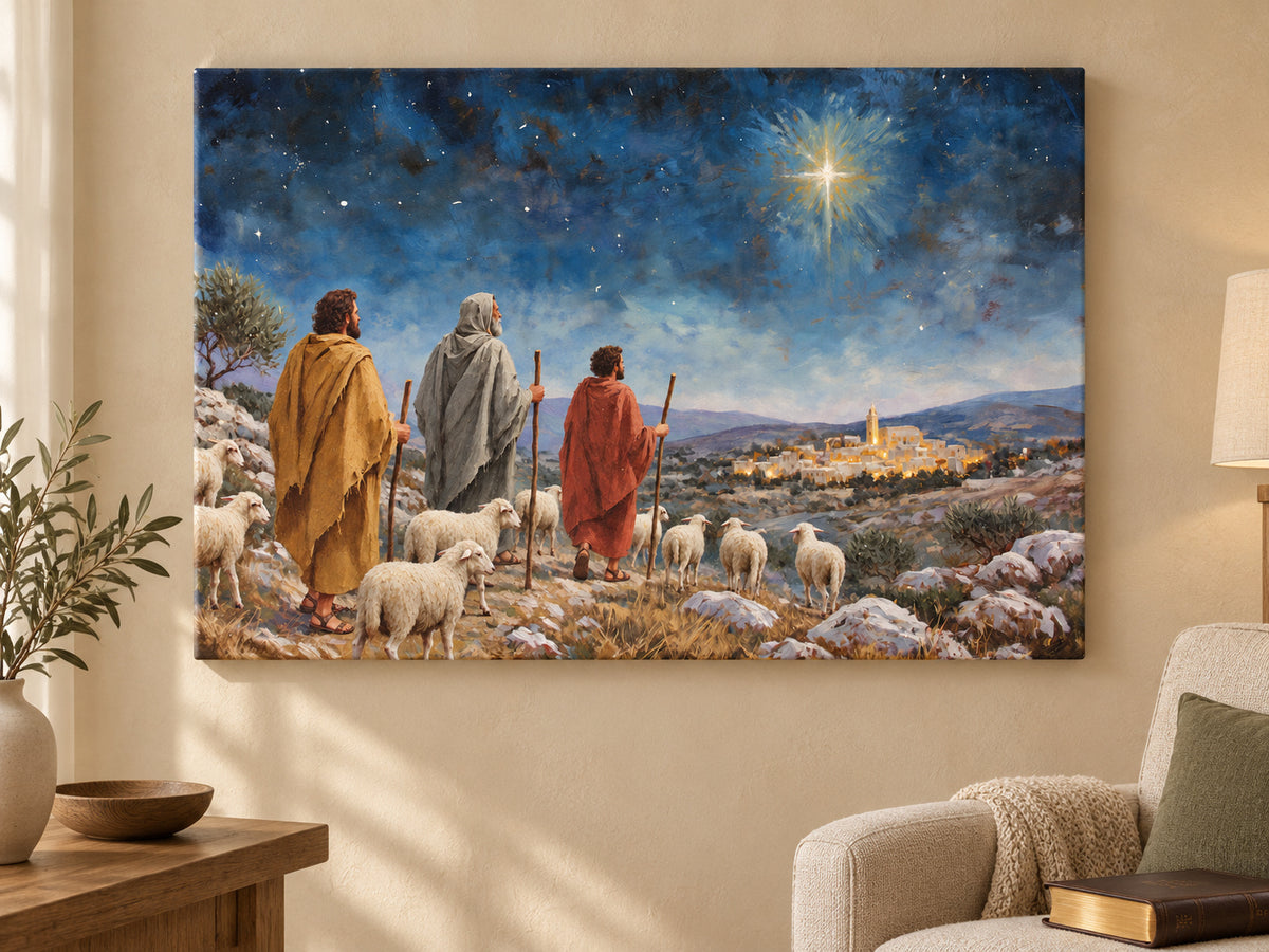 Let Us Go to Bethlehem #2 horizontal canvas artwork displayed in unframed prayer space.