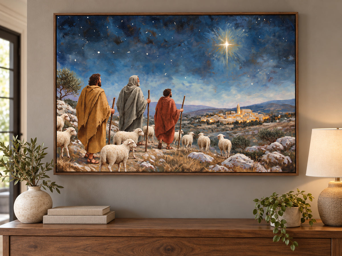 Let Us Go to Bethlehem #2 horizontal canvas artwork displayed in walnut entryway.