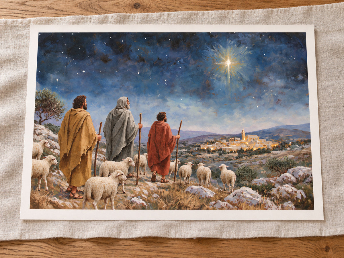 Let Us Go to Bethlehem #2 horizontal fine art paper print displayed in warm white half-inch margin.