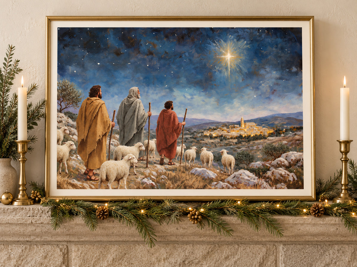 Let Us Go to Bethlehem #2 horizontal fine art paper print displayed in Christmas paper mantel.