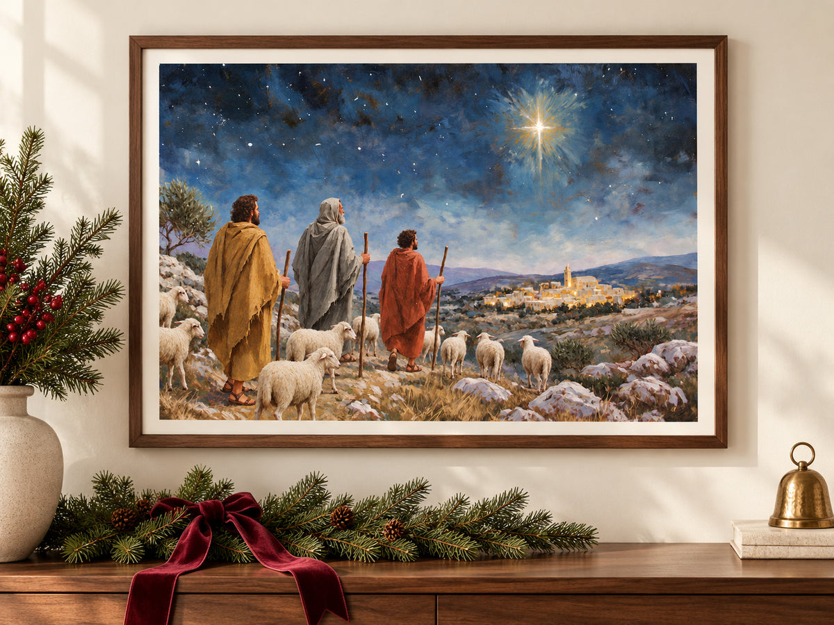 Let Us Go to Bethlehem #2 horizontal fine art paper print displayed in Christmas paper console.