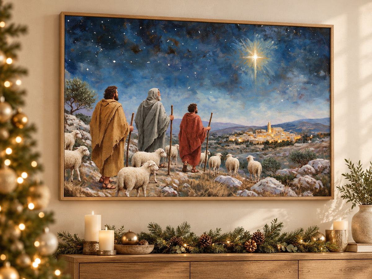 Let Us Go to Bethlehem #2 horizontal canvas artwork displayed in Christmas canvas living room.