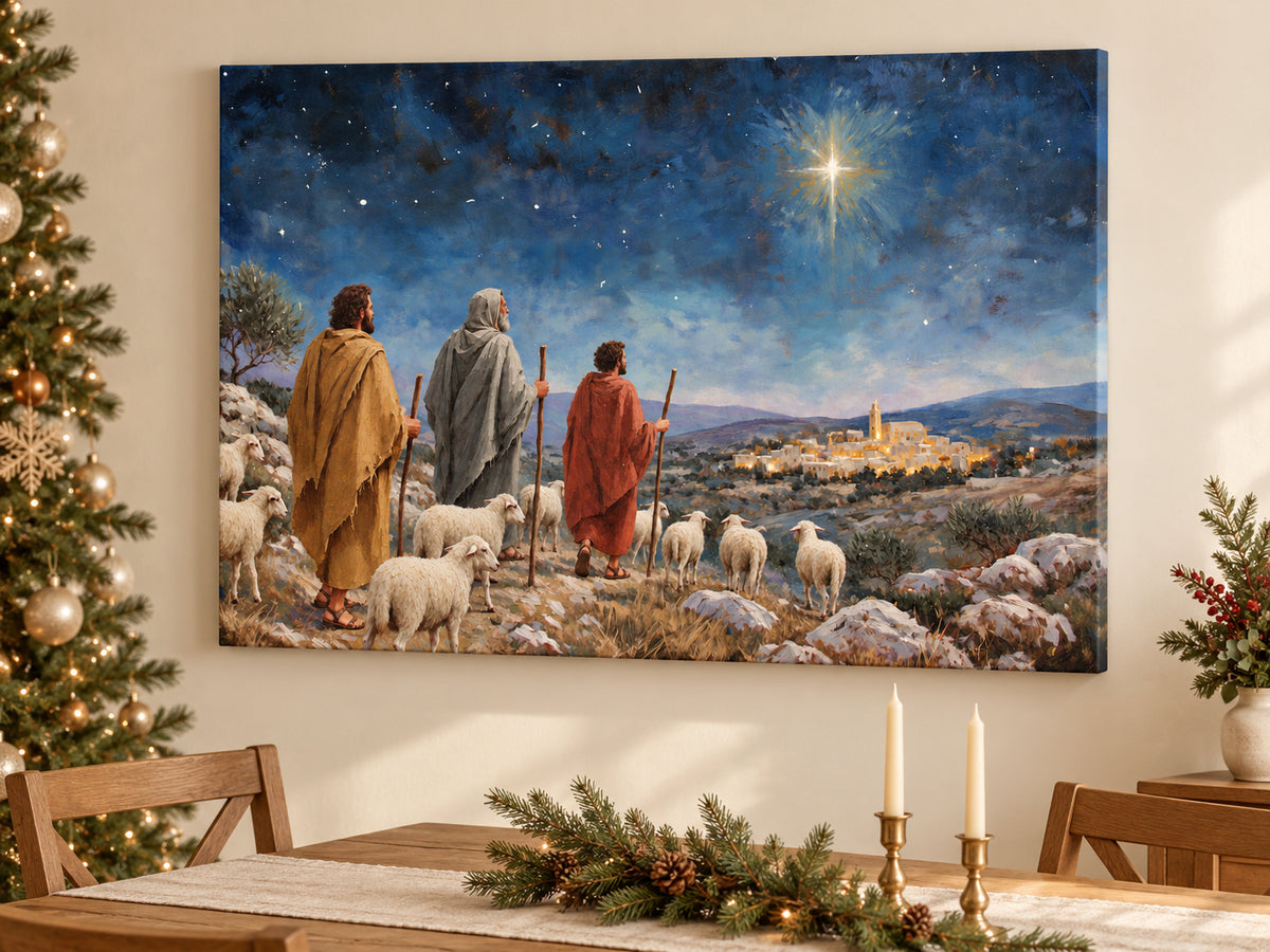 Let Us Go to Bethlehem #2 horizontal canvas artwork displayed in Christmas canvas dining room.